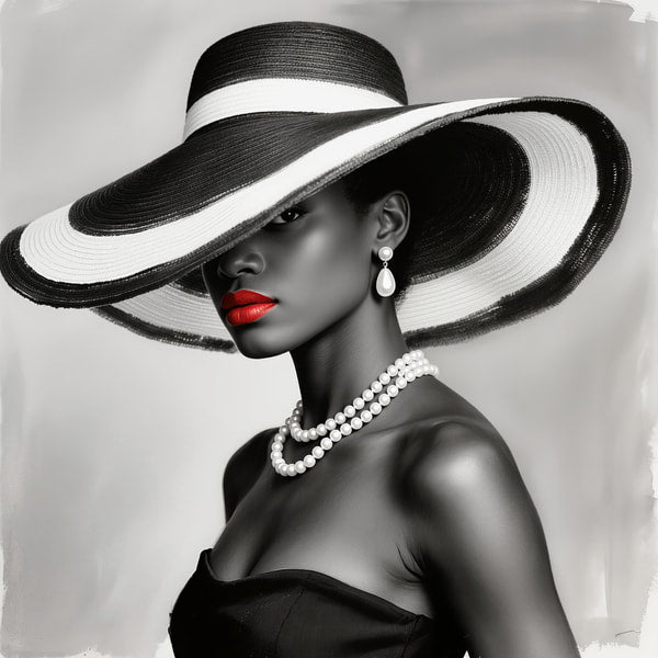 Black And White Fashion Portrait Of A Woman Wearing A Large Brimmed Hat With A Black And White Striped Band — Stock Photo