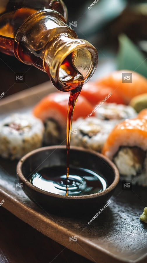 Shows A Close Up View Of A Bottle Of Soy Sauce Being Poured Into A Small Bowl On A Dining Table — Stock Photo
