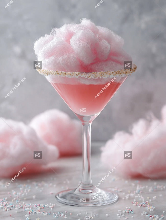 A Pink Cotton Candy Martini Garnished With Sprinkles Served In A Wine Glass On A Surface Adorned With Pink Cotton Candy Fluff — Stock Photo