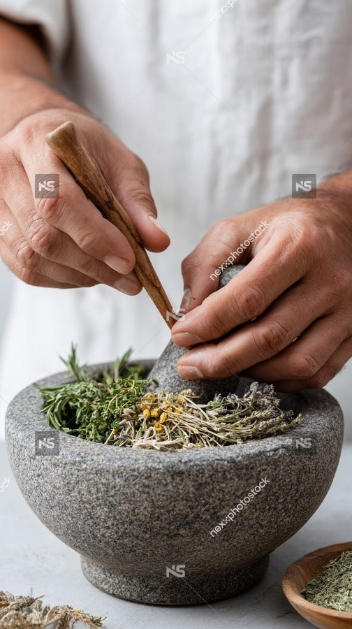 A Person Is Preparing Ingredients In A Mortar And Pestle With Herbs Being Crushed — Stock Photo