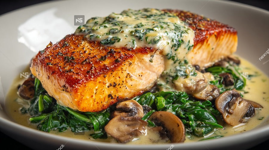 A Plate Of Salmon Topped With Spinach And Cheese Served On A White Plate — Stock Photo