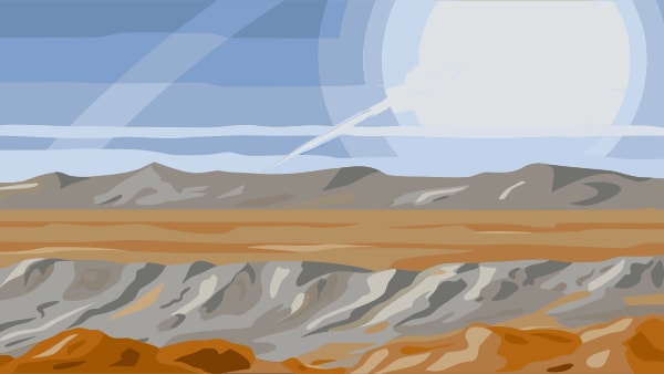 A Digital Art Piece A Barren Desert Landscape With A Large Sun In The Sky And Mountains In The Background — Stock Vector