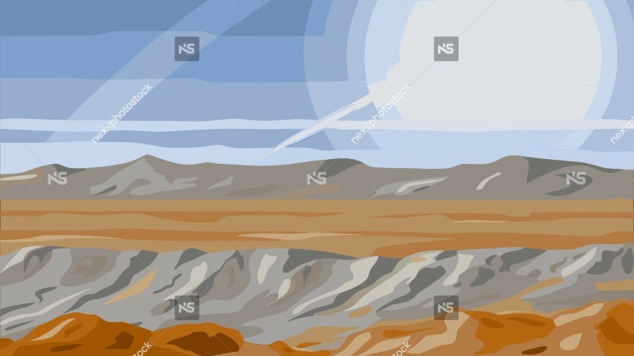 A Digital Art Piece A Barren Desert Landscape With A Large Sun In The Sky And Mountains In The Background — Stock Vector