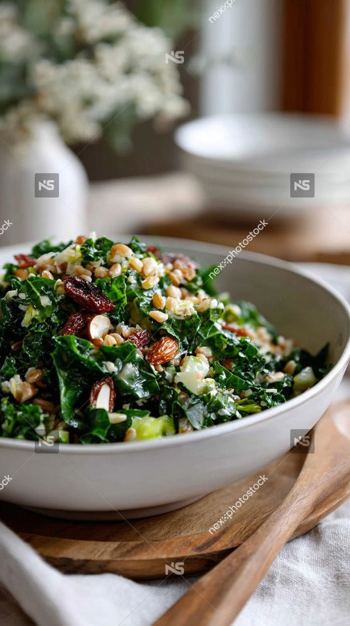 A Bowl Of Kale Salad With Walnuts And Pomegranate Seeds On A Wooden Table — Stock Photo