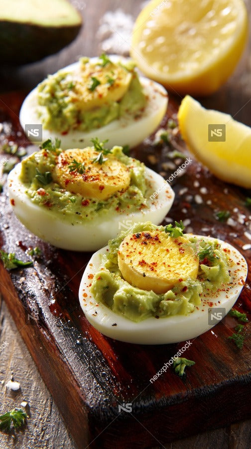 Deviled Eggs Topped With Avocado Garnished With Red Pepper Flakes And Lemon Wedges Displayed On A Wooden Cutting Board — Stock Photo