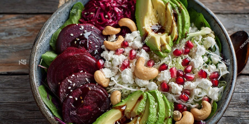 A Vibrant Salad Bowl Filled With A Variety Of Vegetables Including Pomegranate Seeds And Beets Is Presented On A Wooden Table — Stock Photo