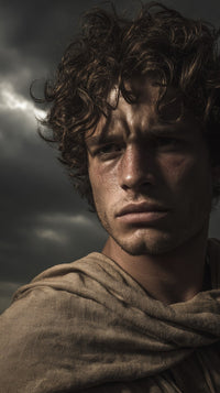 Actor A Historical Figure Specifically A Roman Soldier Captured In A Close Up Portrait With Lighting And A Cloudy Sky Background — Stock Photo
