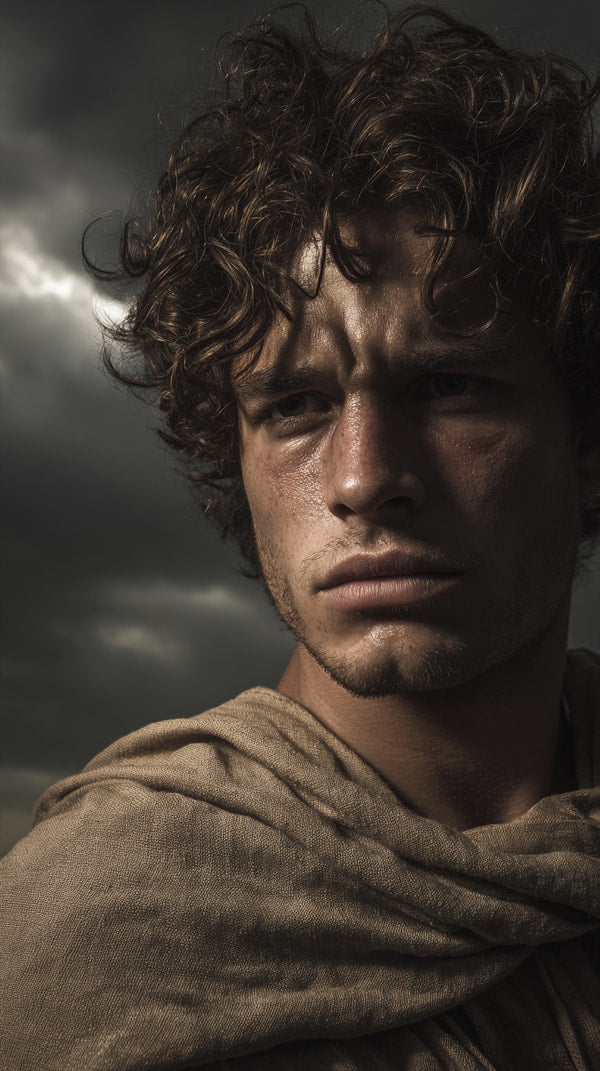 Actor A Historical Figure Specifically A Roman Soldier Captured In A Close Up Portrait With Lighting And A Cloudy Sky Background — Stock Photo