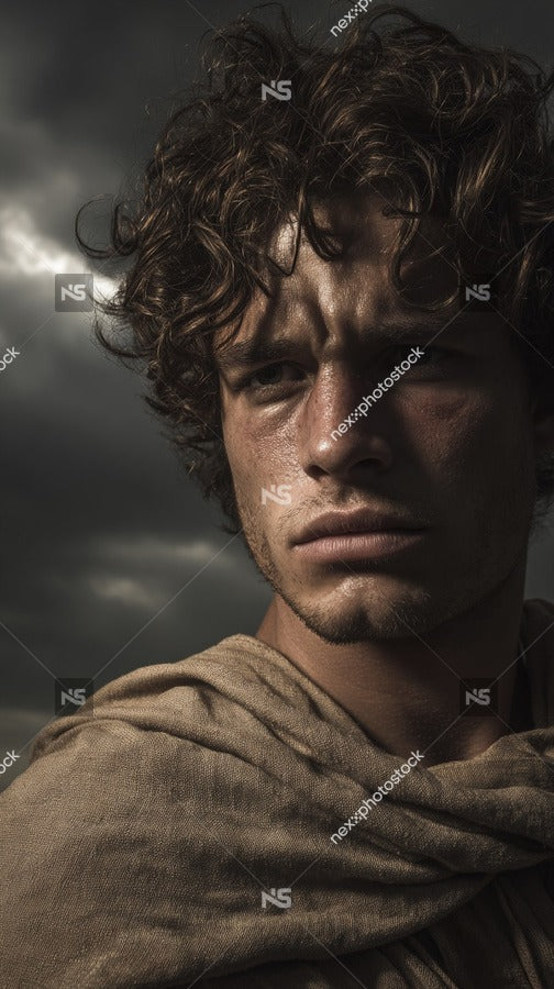 Actor A Historical Figure Specifically A Roman Soldier Captured In A Close Up Portrait With Lighting And A Cloudy Sky Background — Stock Photo