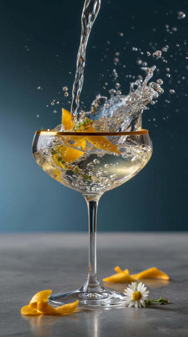A Wine Glass Filled With Orange Slices And Water Droplets Placed On A Surface With A Blurred Background — Stock Photo