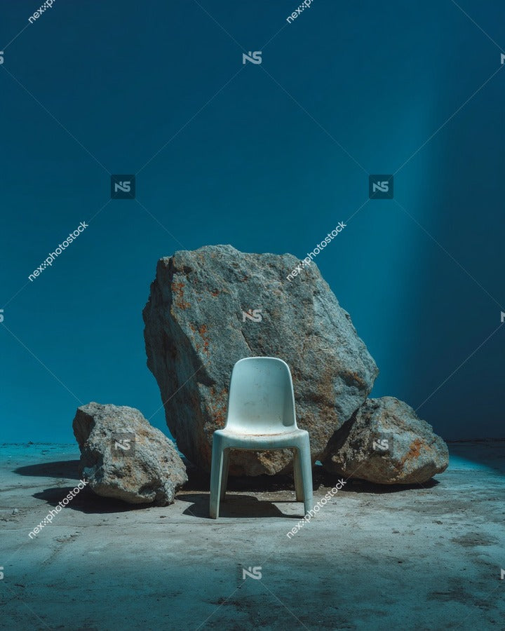 A Solitary Chair Sits Amidst A Collection Of Large Rocks Set Against A Backdrop That To Be A Blue Wall — Stock Photo