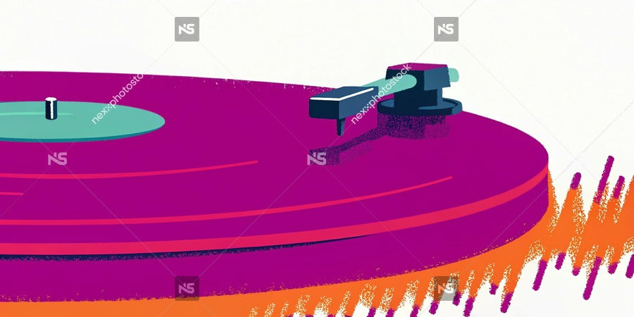 A Vibrant And Colorful Vinyl Record Store Display A Variety Of Records With A Purple Background And A Turntable In The Foreground — Stock Illustration