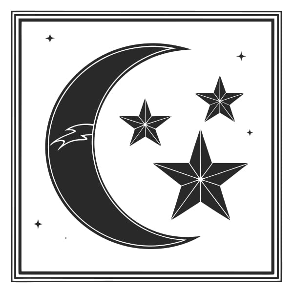 Displays A Black And White Illustration Of A Crescent Moon With Stars Set Against A Dark Background — Stock Vector