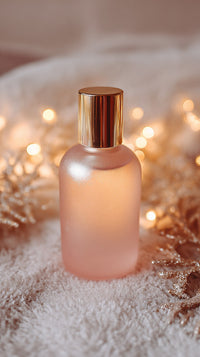 Clear Glass Bottle Of Pink Liquid On White Surface With Christmas Lights In Background — Stock Photo