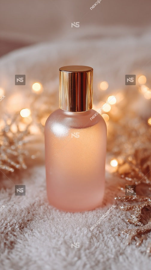 Clear Glass Bottle Of Pink Liquid On White Surface With Christmas Lights In Background — Stock Photo