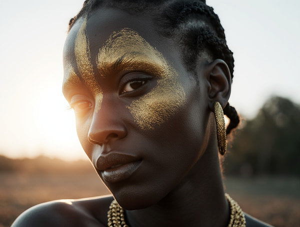 A Portrait Of A Person With Gold Face Paint Set Against A Sunset Backdrop — Stock Photo