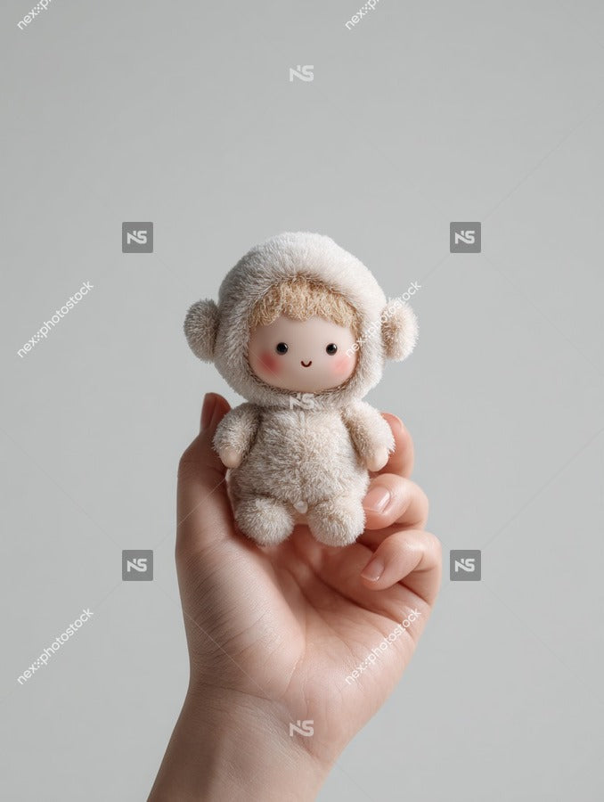 A Person S Hand Holding A Small Stuffed Animal Which To Be A Monkey A Similar Creature Against A Plain Background — Stock Photo