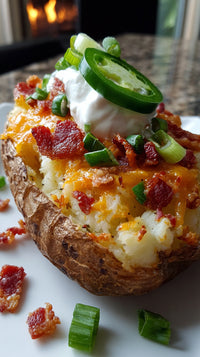 Close Up Of A Loaded Baked Potato Topped With Sour Cream And Chives On A White Plate — Stock Photo