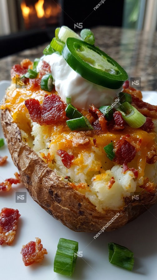 Close Up Of A Loaded Baked Potato Topped With Sour Cream And Chives On A White Plate — Stock Photo