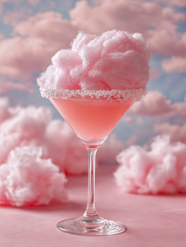 A Tall Glass Of Pink Cotton Candy With A Dusting Of Sugar On Top Set Against A Backdrop Of Fluffy Pink Clouds — Stock Photo