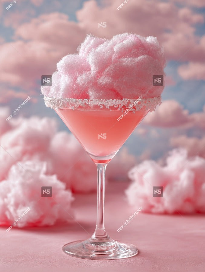 A Tall Glass Of Pink Cotton Candy With A Dusting Of Sugar On Top Set Against A Backdrop Of Fluffy Pink Clouds — Stock Photo
