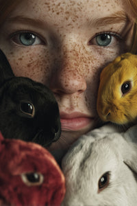 A Young Girl With Freckles And Blue Eyes Holding Three Rabbits In Her Hands Each With A Different Fur Color — Stock Photo