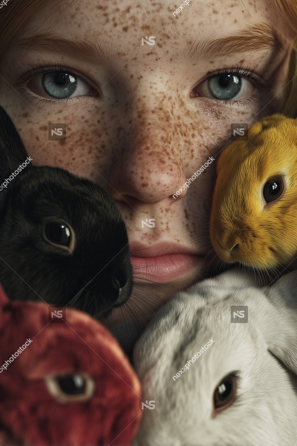 A Young Girl With Freckles And Blue Eyes Holding Three Rabbits In Her Hands Each With A Different Fur Color — Stock Photo