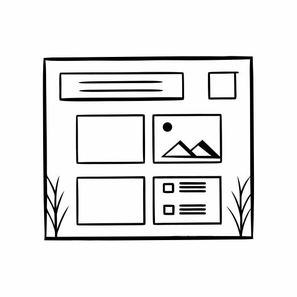 A Black And White Line Drawing Of A Web Page Layout With Various Elements Such As Text Boxes Images And Icons — Stock Vector