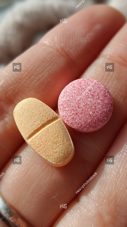Two Pills One Pink And One Yellow Held In A Hand Against A Blurred Background — Stock Photo