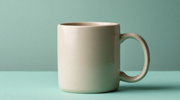 A Cream Colored Mug Is Placed On A Teal Surface — Stock Photo