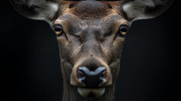 A Close Up Portrait Of A Deer S Head With A Focus On Its Eyes And Nose Set Against A Dark Background — Stock Photo