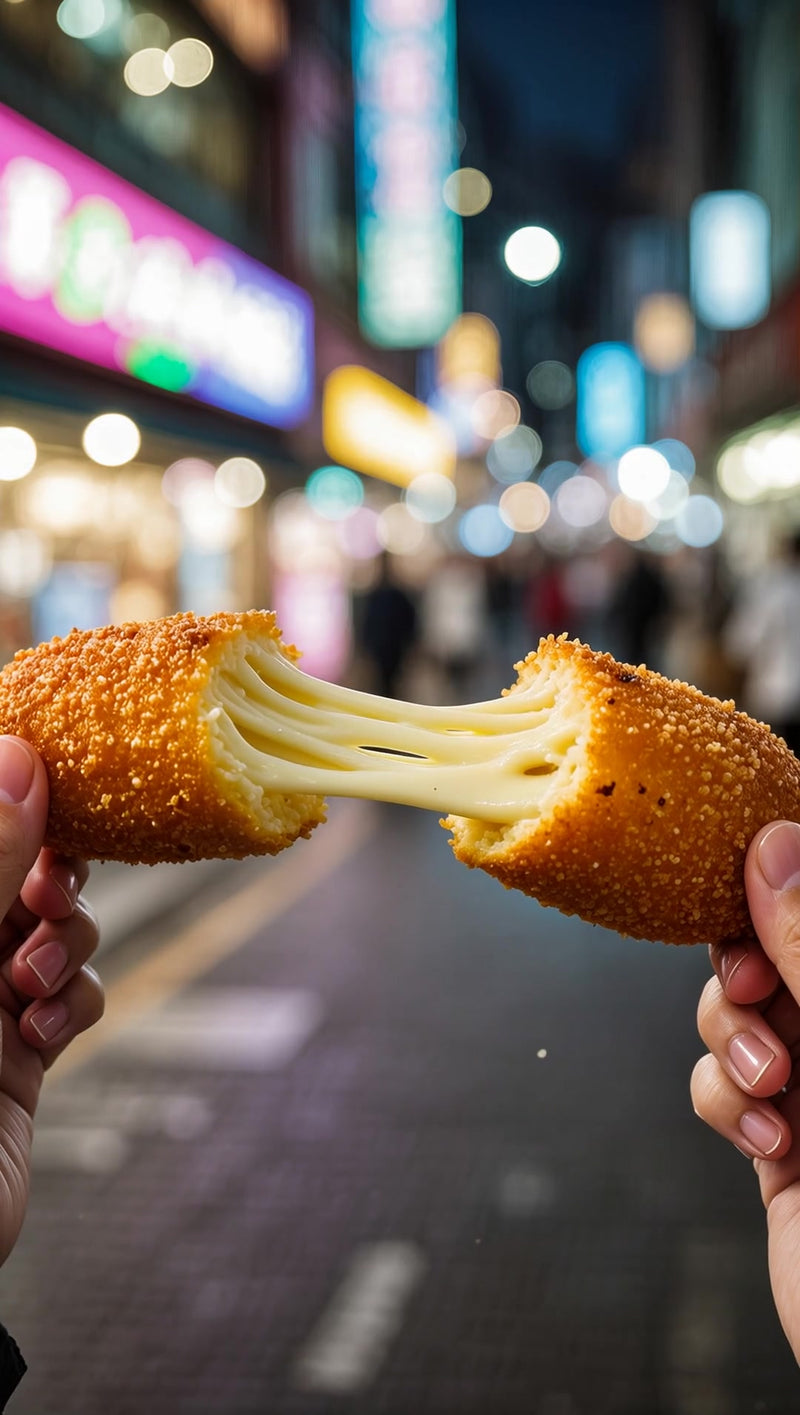 a cheesy fried snack held up by two hands in front of a cityscape at night - Stock Video