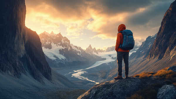 A Person Stands Atop A Mountain Peak Gazing Into The Distance As The Sun Rises Over A Valley Filled With Majestic Mountains — Stock Photo