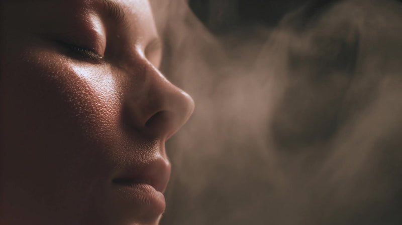 a close up of a woman s nose with steam rising from it creating a misty effect around her face - Stock Video