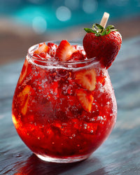 A Glass Of Red Sangria With Sliced Strawberries And Ice Cubes Garnished With A Strawberry Slice On Top Placed On A Table — Stock Photo