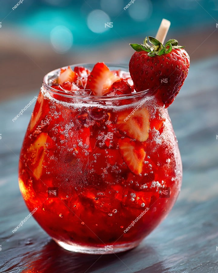 A Glass Of Red Sangria With Sliced Strawberries And Ice Cubes Garnished With A Strawberry Slice On Top Placed On A Table — Stock Photo