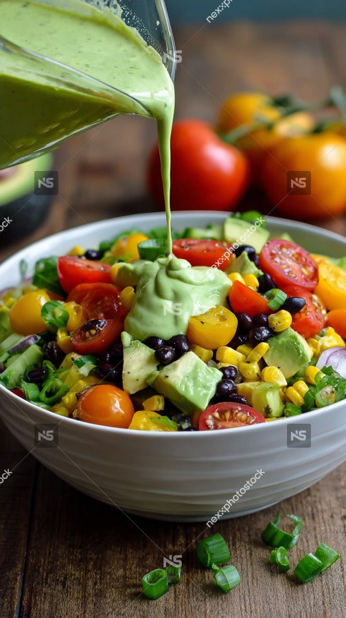 A Bowl Of Colorful Salad With Avocado Dressing Garnished With Fresh Herbs And A Drizzle Of Sauce Placed On A Wooden Table — Stock Photo