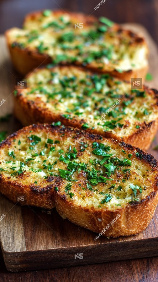 Three Slices Of Garlic Bread With Green Herbs Placed On A Wooden Cutting Board — Stock Photo