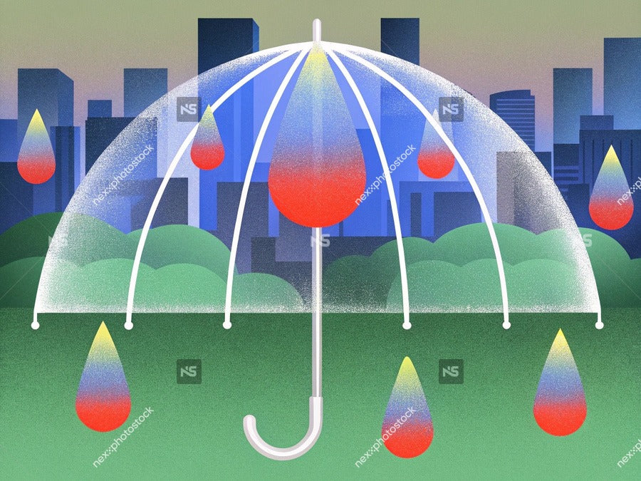 An Umbrella With Raindrops Falling From It Set Against A City Skyline Background — Stock Illustration