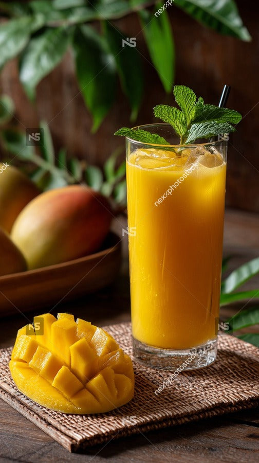 A Refreshing Fruit Drink With A Slice Of Mango Served In A Clear Glass On A Wooden Table — Stock Photo