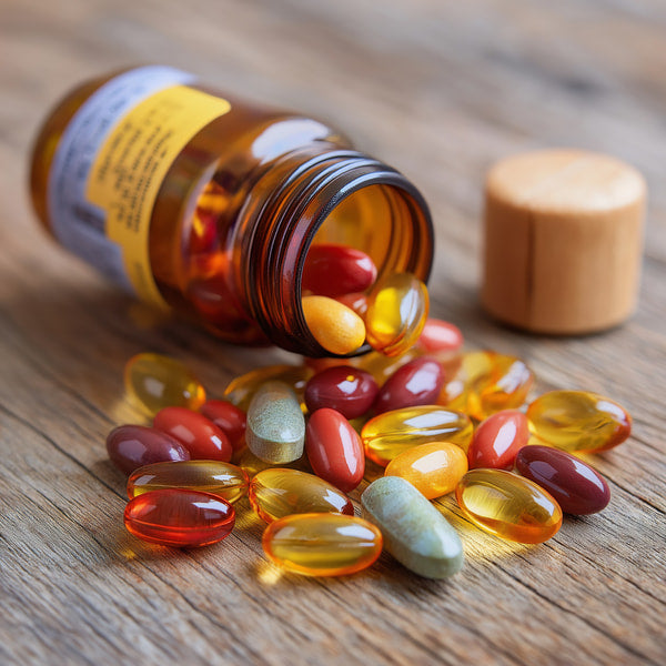 Bottle Of Vitamins With Colorful Capsules On A Wooden Table Accompanied By A Cork Stopper — Stock Photo
