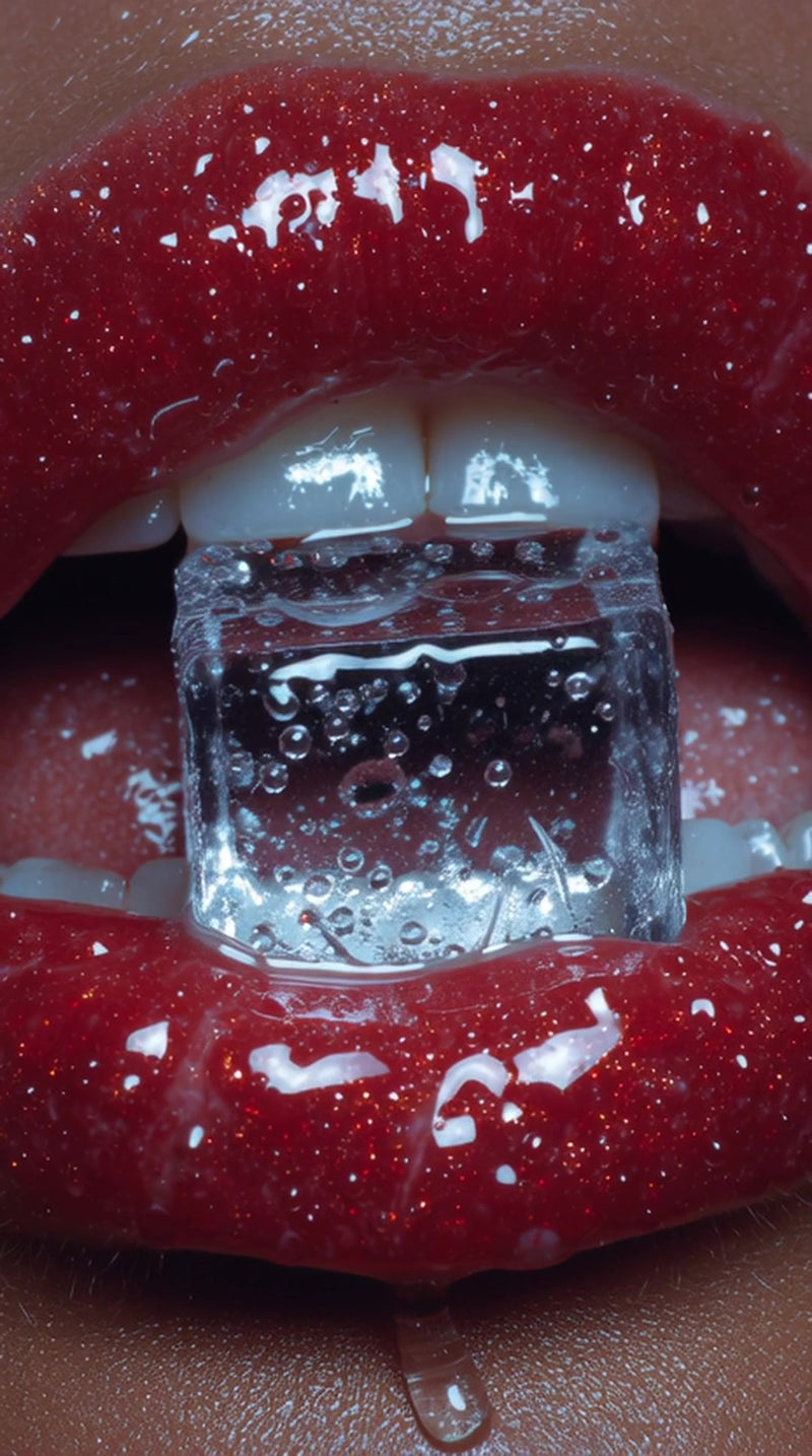 a close up of a person s lips painted red with an ice cube placed on them - Stock Video