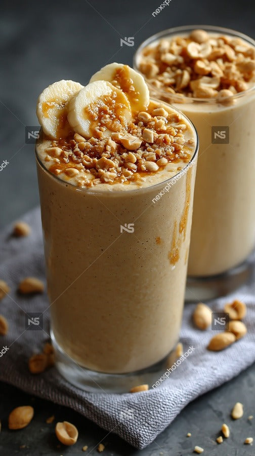 A Glass Of Banana Smoothie Topped With Peanut Butter Garnished With A Sprinkle Of Nuts And Served On A Wooden Table — Stock Photo