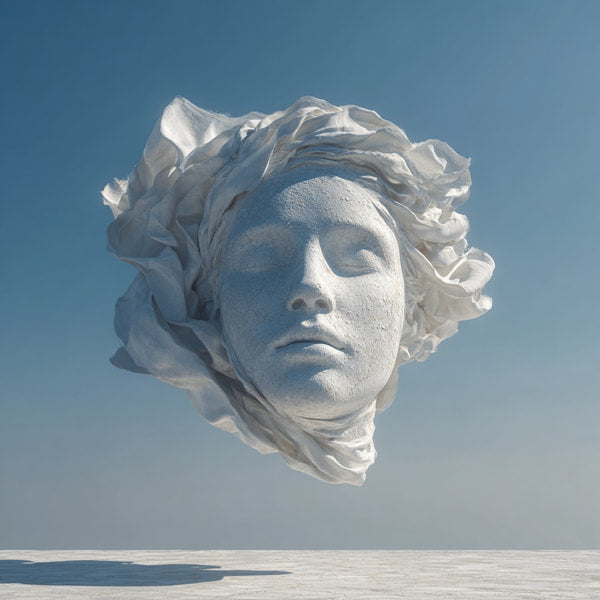 Abstract Sculpture Of A Human Head Floating In The Air Against A Blue Background — Stock Photo