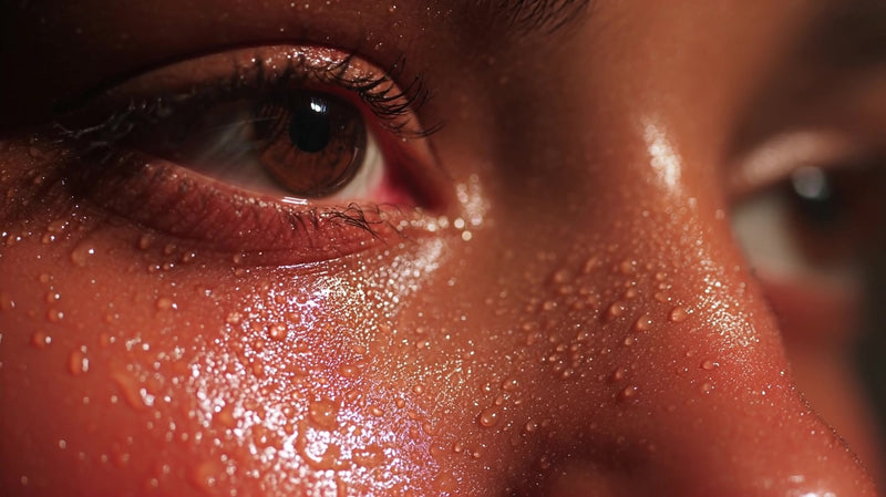 a close up image captures a human face with water droplets on it highlighting the individual s features and the droplets - Stock Video