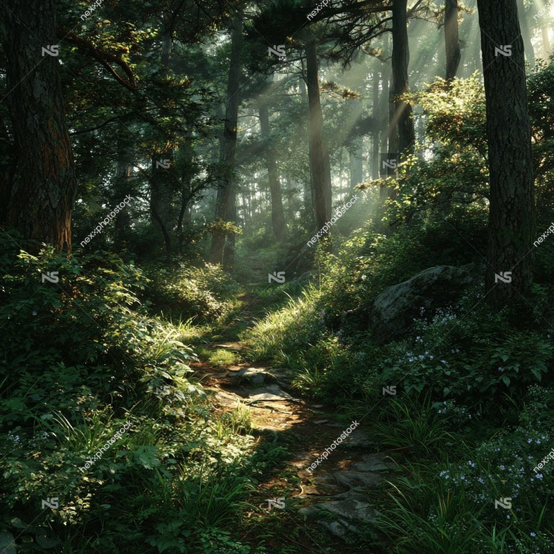 A Serene Forest Path Bathed In Sunlight Meanders Through A Lush Landscape Of Verdant Trees And Shrubs — Stock Photo
