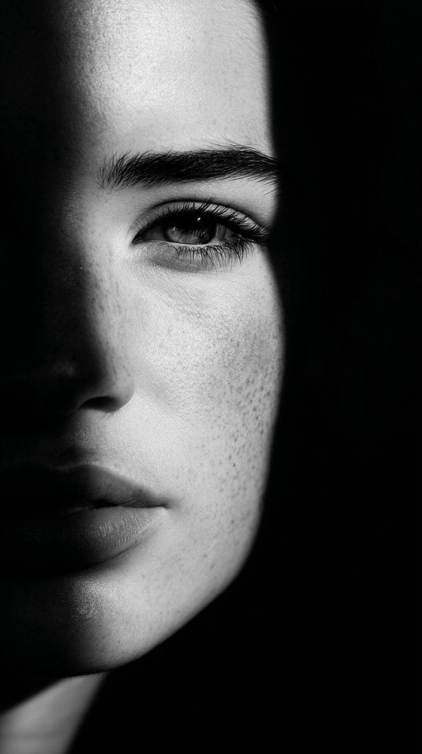 Black And White Portrait Of A Person Captured In A Close Up Shot With A Focus On Their Face — Stock Photo