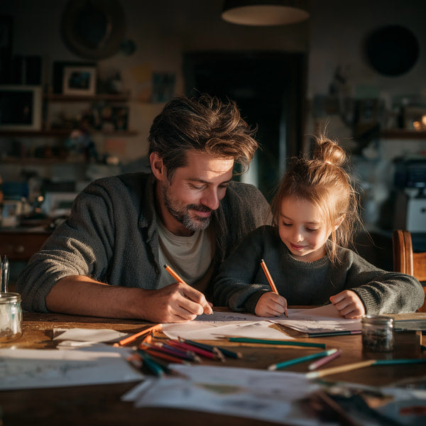 Depicts A Man And A Young Girl Sitting At A Table With Various Art Supplies Around Them — Stock Photo