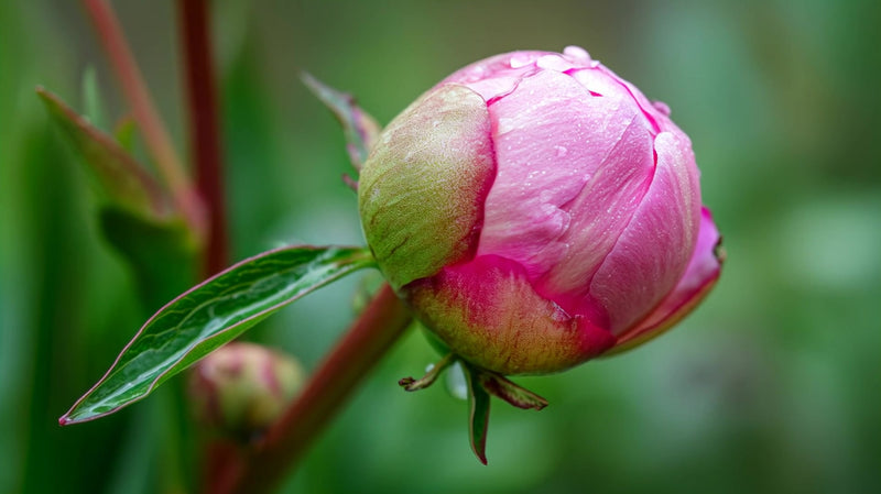 a close up image of a single pink flower bud with droplets of water on its surface set against a blurred green background - Stock Video
