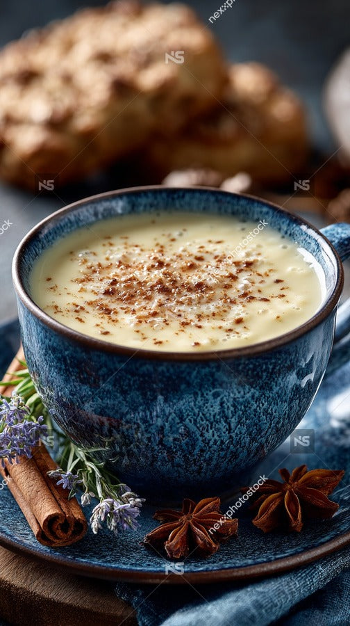 Blue Mug Of Creamy Soup On Table With Cinnamon Sprinkles And Cookies In Background — Stock Photo